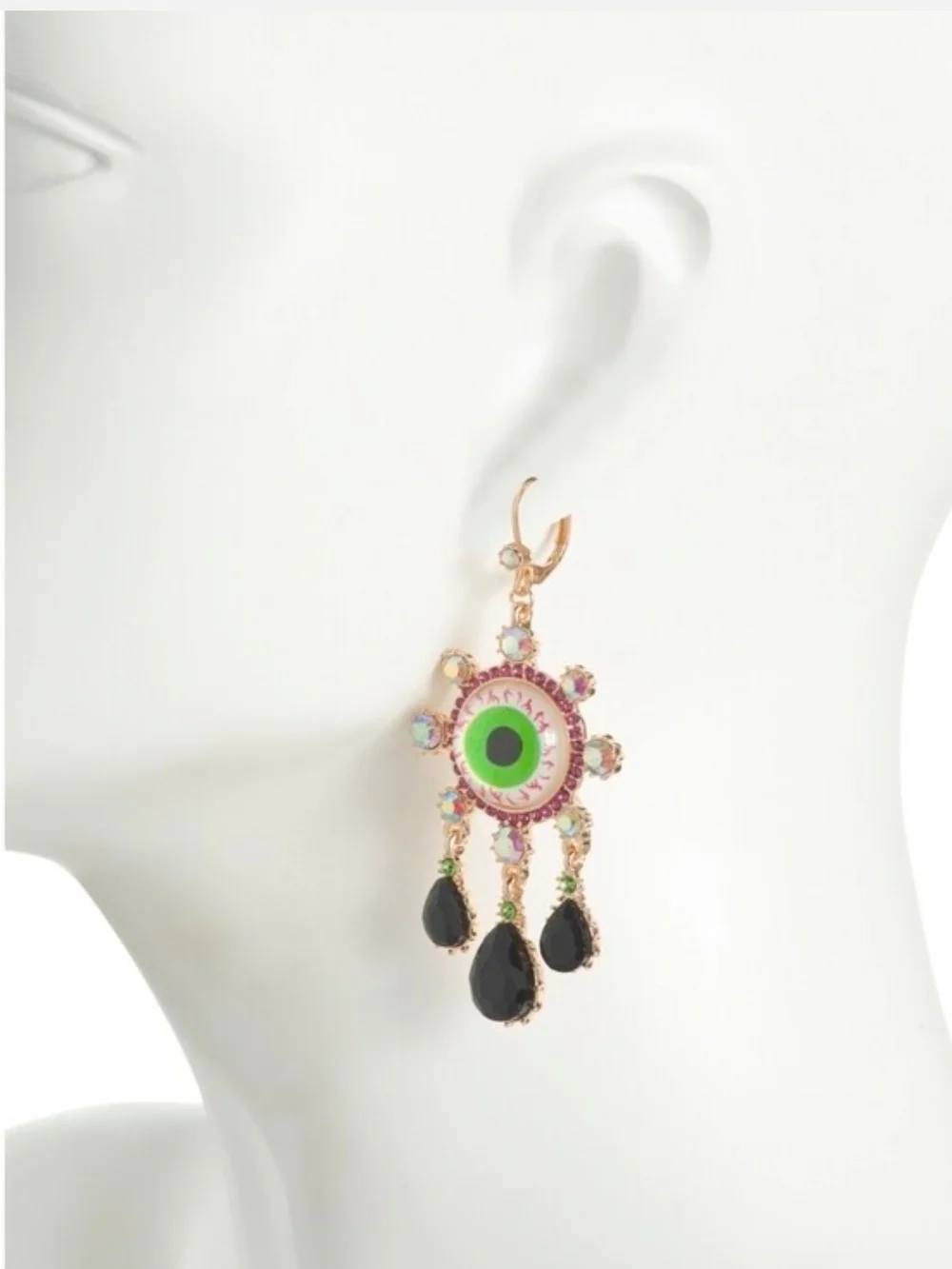 👉✨️ Betsey Johnson Neon Green Eye Drop Earrings with Black Teardrops
